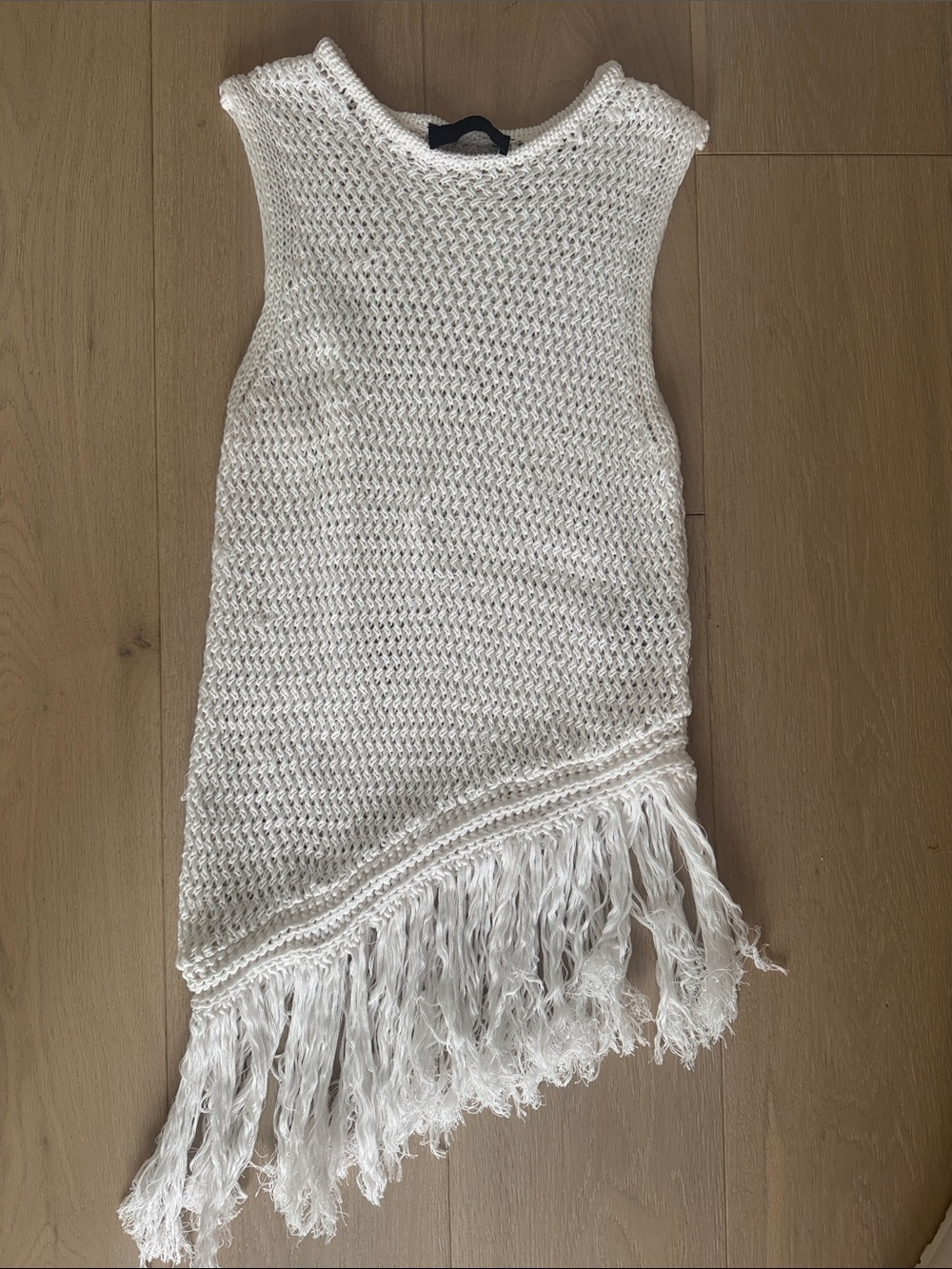 Zara Off-White Knit Sleeveless Fringe Asymmetric Top
